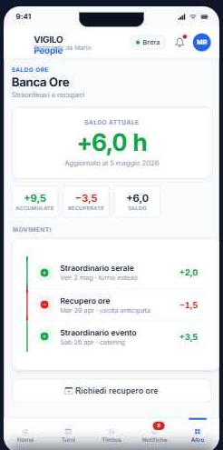 Schermata Banca ore con saldo, movimenti e recuperi