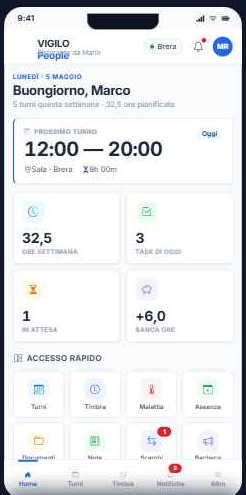 Home dell'app VIGILO People con prossimo turno e accesso rapido