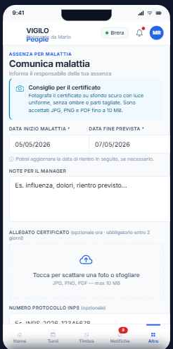 Schermata Comunica malattia con date, certificato e protocollo INPS