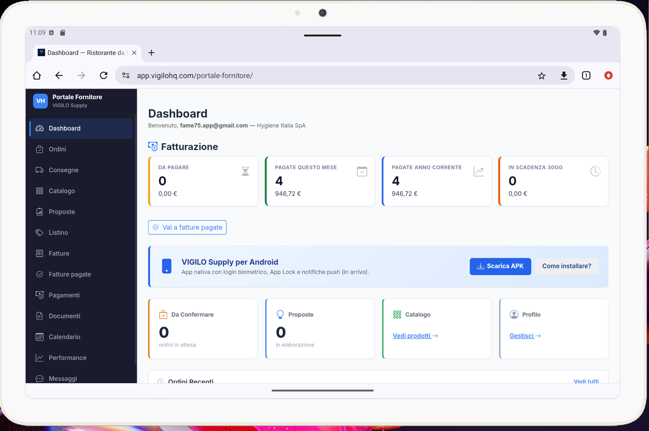 Portale Fornitore VIGILO Supply: dashboard con fatturazione, ordini da confermare, consegne e catalogo